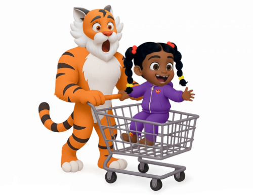 Tiger and Momo shopping cart illustration